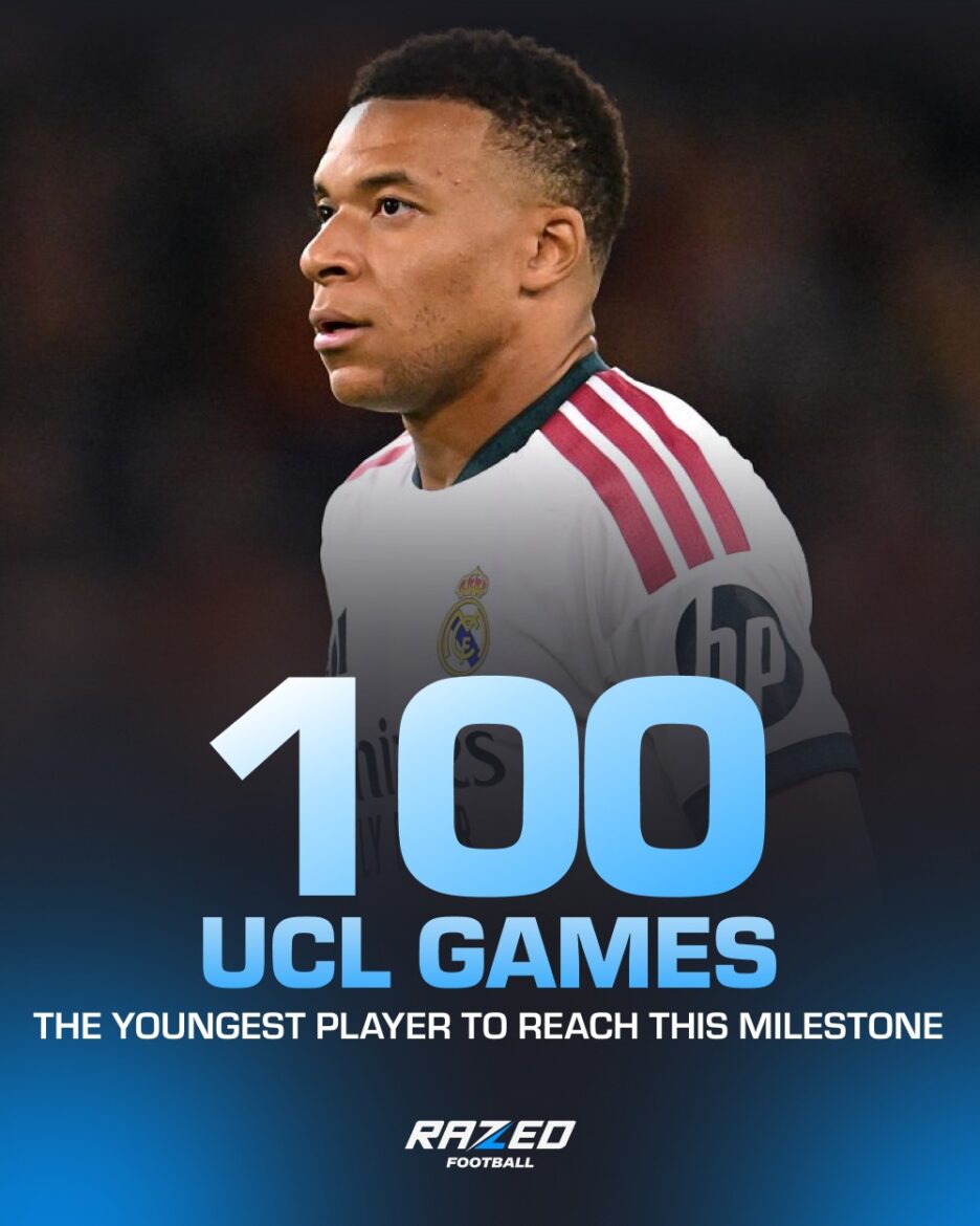 KYLIAN MBAPPE BECOMES YOUNGEST PLAYER TO REACH 100 GAMES AT UEFA.